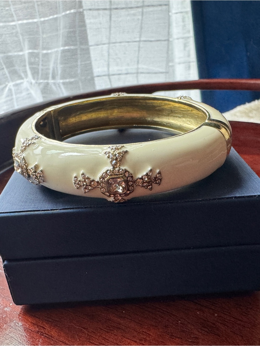 Helen Daus CN Cream Crystal-Accent Hinged Bangle Bracelet